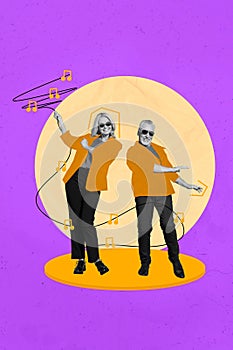 Creative photo artwork collage painting of charming funky mature couple enjoying music isolated purple color background