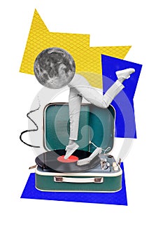 Creative photo collage of headless person moon dancing on oldschool vintage turntable vinyl recorder isolated on white