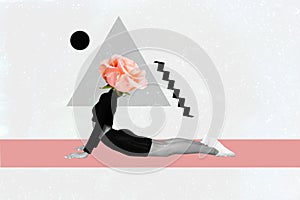 Creative photo collage illustration of headless girl pink rose instead of head stretching doing exercise isolated on