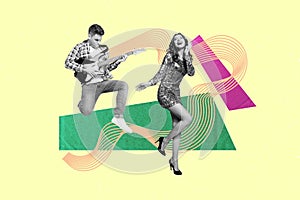 Creative photo collage illustration of positive cheerful people musicians playing pop music on corporate isolated on