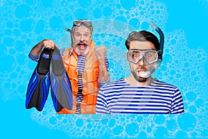 Creative photo collage image young amazed elder man pensioner diving equipment oxygen underwater ocean seaside resort