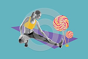 Creative photo collage image young fit sporty girl training warmup stretching leg lollipop yummy unhealthy food diet