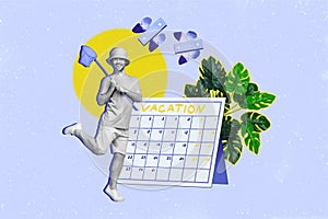 Creative photo collage photo of youngster crazy guy summertime hobby outdoors catcher lowcost tickets calendar isolated