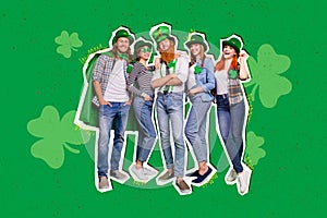 Creative photo collage picture best friends group celebrate theme party outfit green costume leprechaun cheerful smile