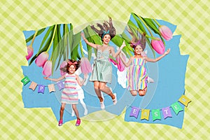 Creative photo collage picture young family mother daughters jump holiday celebration festive event tulips blossom