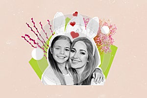 Creative photo collage of smile happy mother daughter family easter spring bloom bouquet flowers tradition  on