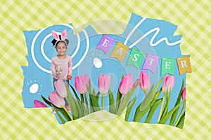 Creative photo collage standing little girl rabbit ears costume cute outfit spring holiday easter celebration painted