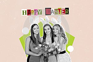 Creative photo collage of three girls sisters family day holiday tulips easter bunny ears gather tradition isolated on