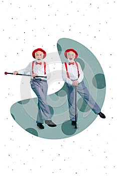 Creative photo collage of twins same grandad funny mister man grey beard wear red hat hold stick dancing feel young