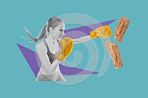 Creative photo collage young boxer sporty girl break break calories nutrition determination healthcare dieting fight