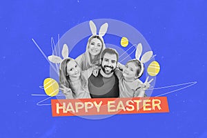 Creative photo collage young cheerful family husband wife children siblings happy easter springtime holiday celebration