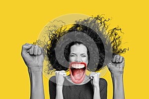 Creative photo collage young cheerful happy excited winner girl triumph celebration victory fists gesture win yellow