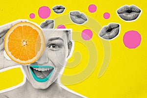 Creative photo collage young smiling girl half head woman lips kisses orange citrus vitamins healthy food nutrition