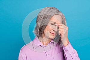 Creative photo portrait of stressed migraine woman headache fingers nose depression irritated overworking spasm isolated