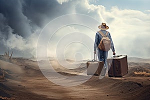Creative photo of a traveler with a suitcase on his way to unknown places