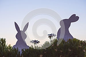 Creative photo of two silhouette paper rabbits in the chamomile flowers and green grass on the sunset sky background