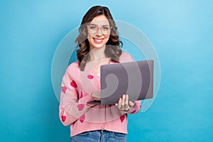 Creative photo of young cheerful smiling business lady wear cute trendy pink shirt new glasses hold netbook for job