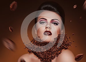 Creative photomanipulation with coffee beans and beauty woman