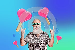 Creative picture collage funky senior man showing rock& x27;n roll gesture fun happy sunglasses macho ice cream heart