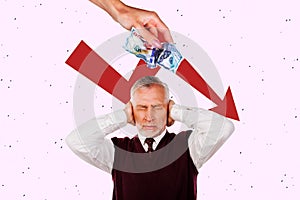 Creative picture collage mature businessman ignore avoid close ears crisis failure business money loss inflation money