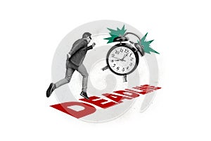 Creative picture collage running businessman hurry meet deadline time management schedule planning worker diligent