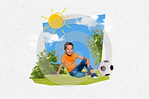 Creative picture collage small kid sit grass environment nature football player hobby childhood sunny weather clouds