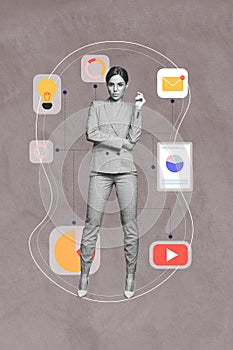 Creative picture collage young attractive lady employee entrepreneur youtube icon messenger notification infographics
