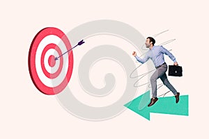 Creative picture collage young happy excited businessman go forward business success achieve goal aim archery arrow