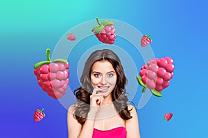 Creative picture collage young happy excited pretty girl biting finger tempting tasty raspberry fruit vitamins delicious