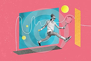 Creative picture collage young happy man laughter sportive guy tennis player hit ball score tournament match drawing