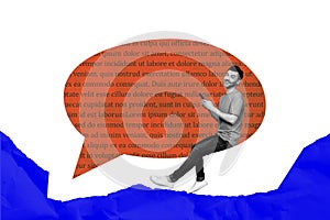 Creative picture collage young man textbox phrase literature page smartphone social media messenger app drawing photo
