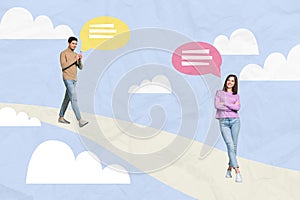 Creative picture collage young man woman online communication textbox phrase send sms reply clouds surreal environment
