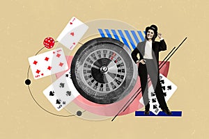 Creative picture collage young standing dealer woman formalwear casino gambling roulette cards dice combination drawing