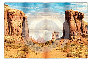 Creative picture of Monument Valley in USA - scenic red landscape with blue sky