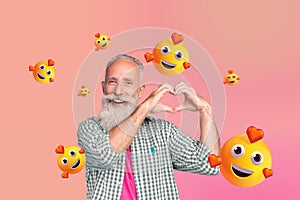 Creative picture photo collage retired happy pensioner grandfather smiling man showing love gesture emoticon face