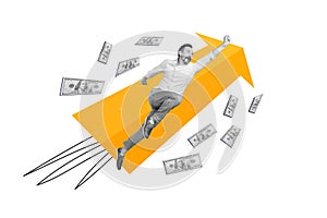 Creative picture photo collage young ambitious young man superhero fist gesture flight achieve goal aim banknotes cash