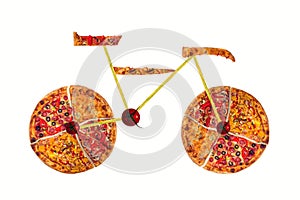 Creative picture of road bicycle made of international pizza and vegetables on white background. Delivery.