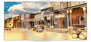 Creative picture of Wild West village with old buildings and saloon