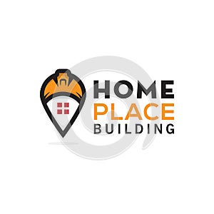 Creative pin with builder`s helmet and house logo design, home place building construction logo concept, business real estate