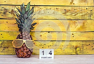 Creative planner calendar February with number 14. Pineapple character on bright yellow summer wooden background with calendar