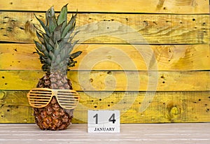 Creative planner calendar january with number 14. Pineapple character on bright yellow summer wooden background with calendar