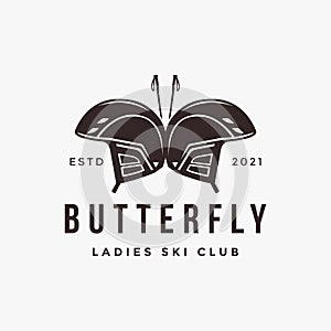 Creative poles and ski helmet as butterfly skiing logo vector