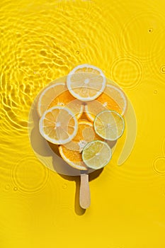 Creative popsicle made from citrus fruit slices in yellow water background with concentric circles and ripples