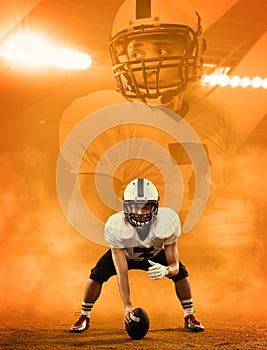 Creative portrait of young man, american football player at stadium in motion over orange background with reflection