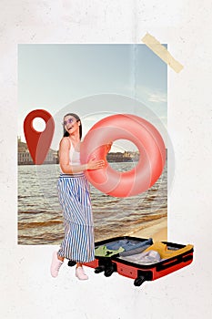 Creative postcard funky pin memories photo set collage of young lady put clothes inflatable ring kyiv sea isolated near