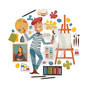 Creative poster with artist and tools to paint in circle.