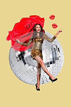 Creative poster artwork of choc lady enjoying hen party event huge disco ball glitter isolated color background