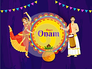Creative poster or banner design with illustration of woman classical dance pose and drummer man for Happy Onam.