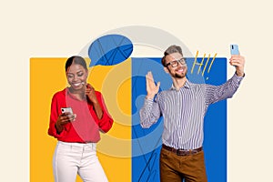 Creative poster banner picture young man lady two standing communicate phone call texting message wireless connection