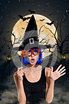 Creative poster collage of astonished attractive pretty young witch frighten boo mystery forest background dramatic